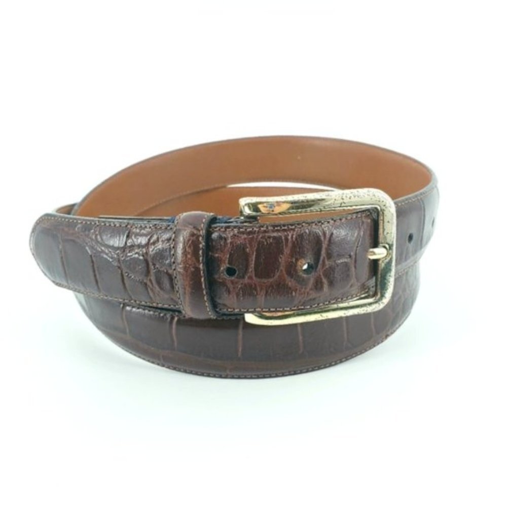 *Tommy Hilfiger Men's Size 42 Brown Handcrafted Leather Croc Print Casual belt